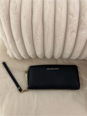 Michael Kors Navy Zip-Around Wristlet Wallet with Gold Hardware